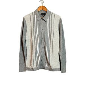 Express Men's Gray Button-Up Sweater with Vertical Stripes